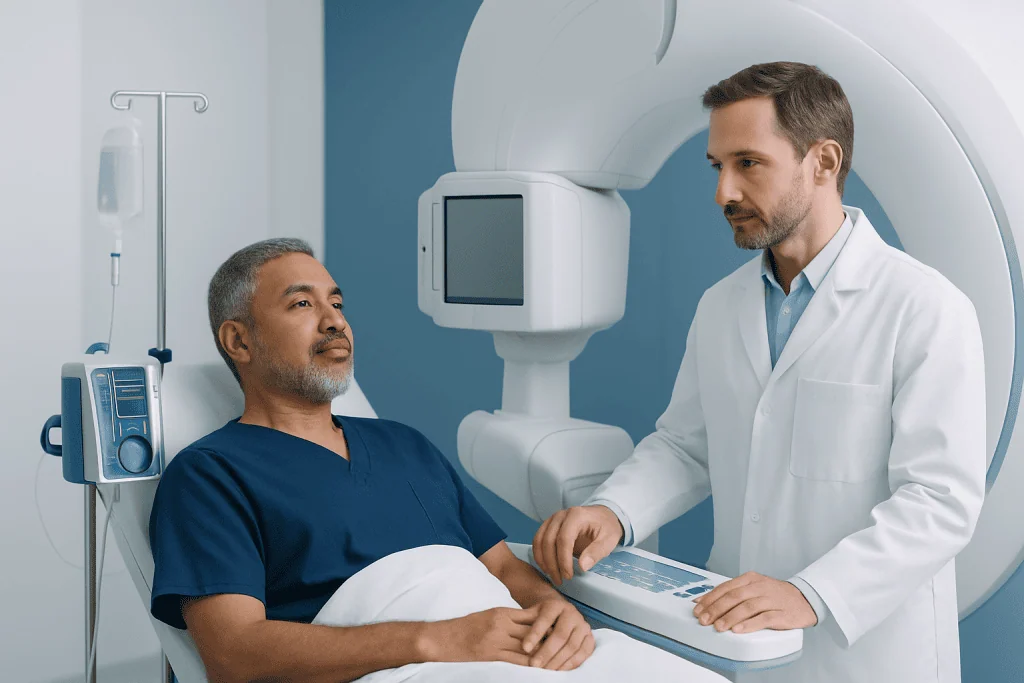 Doctor explaining MRI scan results to patient in hospital.