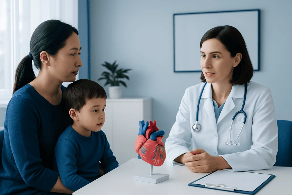 Doctor explaining heart health to a woman and child in a medical office.