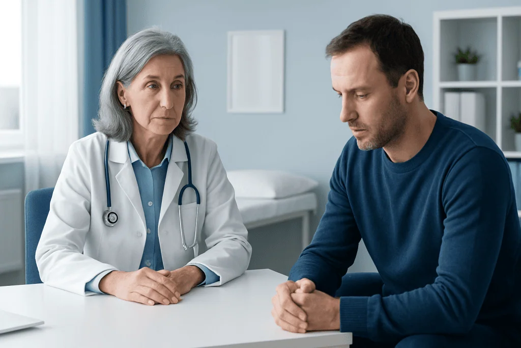Doctor consulting with a male patient in a medical office setting.