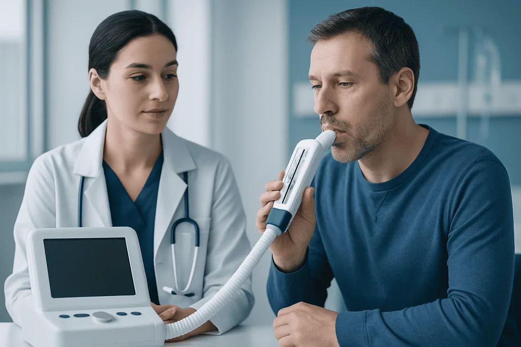 Doctor performs spirometry test on male patient in medical clinic.