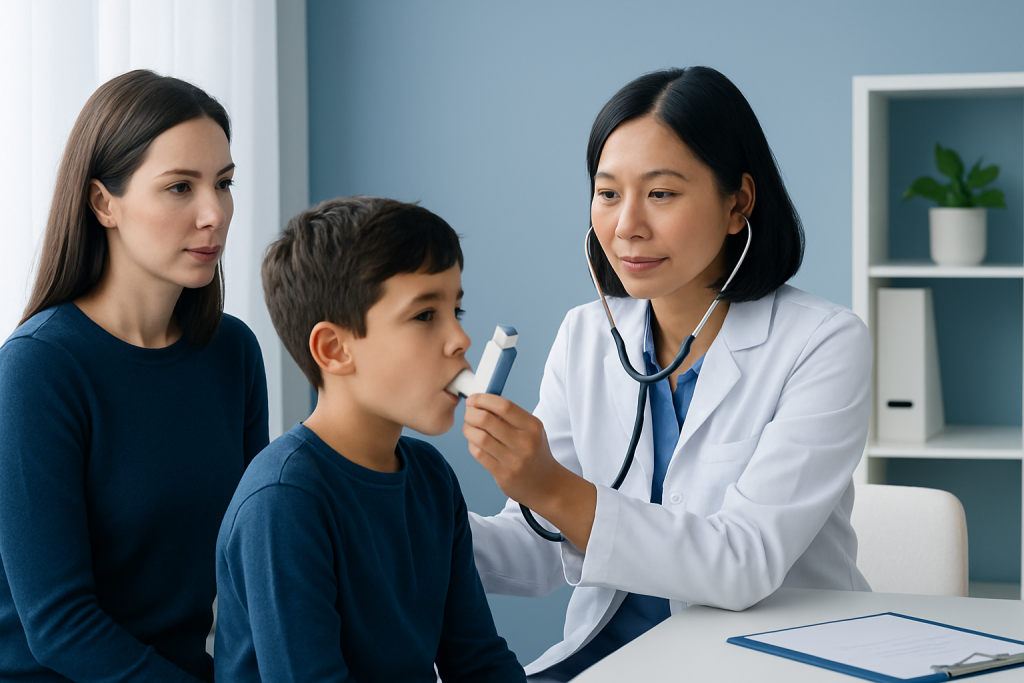 Pediatric asthma consultation at Acibadem Hospital with doctor and mother.