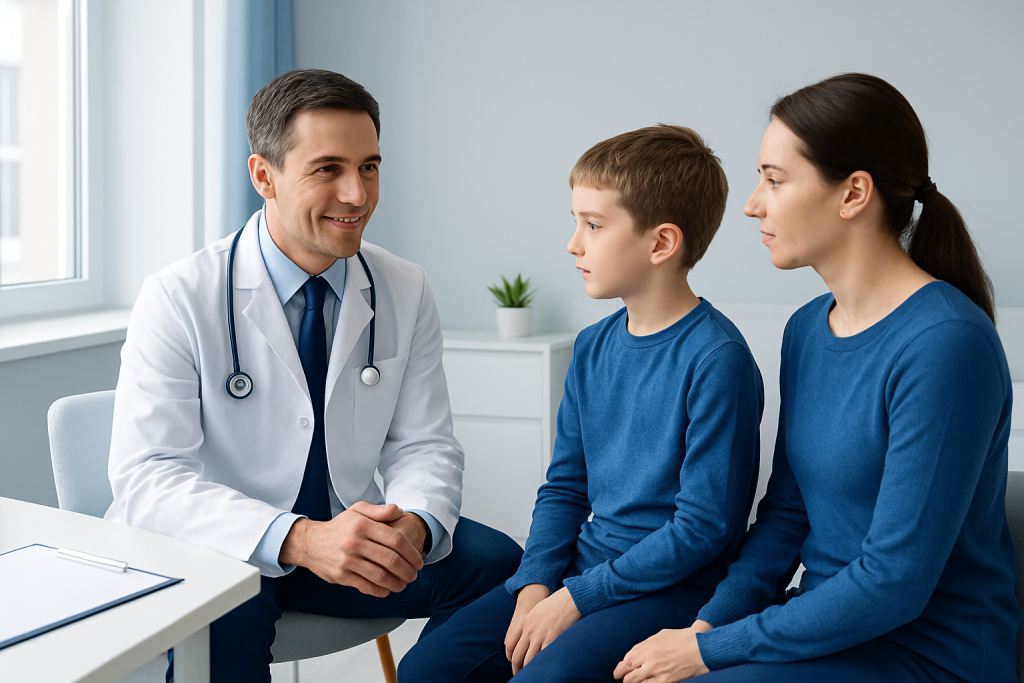 Pediatric patient consulting with a doctor and parent in a medical office.