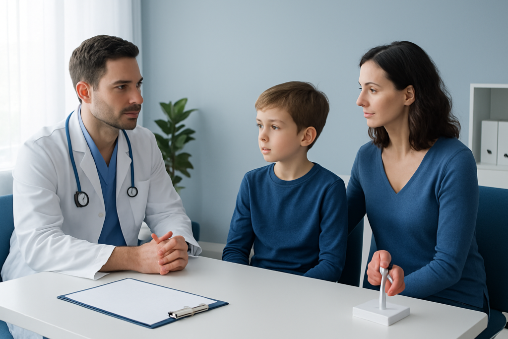 Pediatric kidney transplant consultation with doctor, mother, and child in clinic.