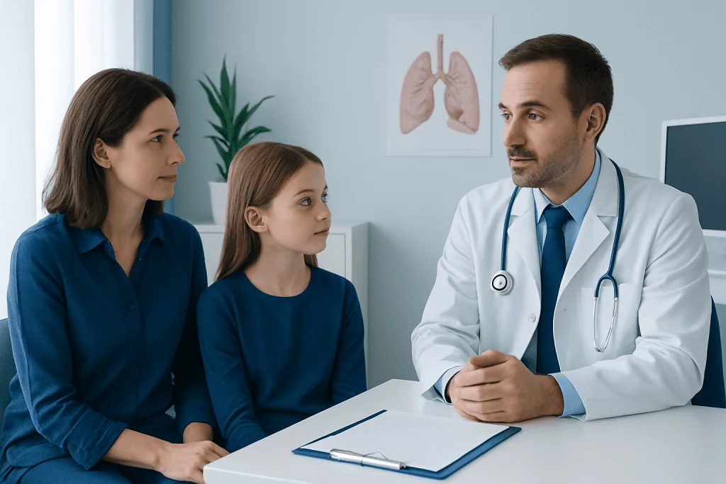 Pediatric patient with parents consulting a doctor about lung health.