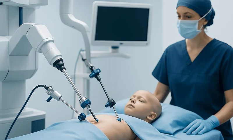 Pediatric Surgery Oncology: Procedure, Recovery and Results 4 Pediatric surgical procedure using robotic arms in a hospital operating room.