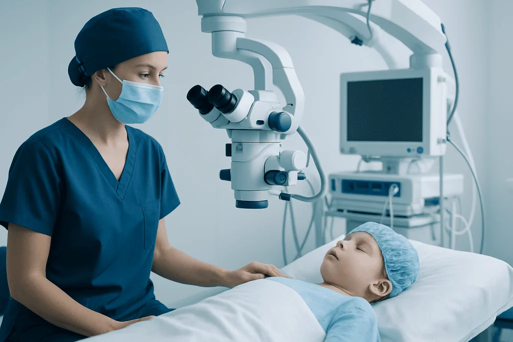 Pediatric surgeon performing surgery with microscope in hospital operating room.