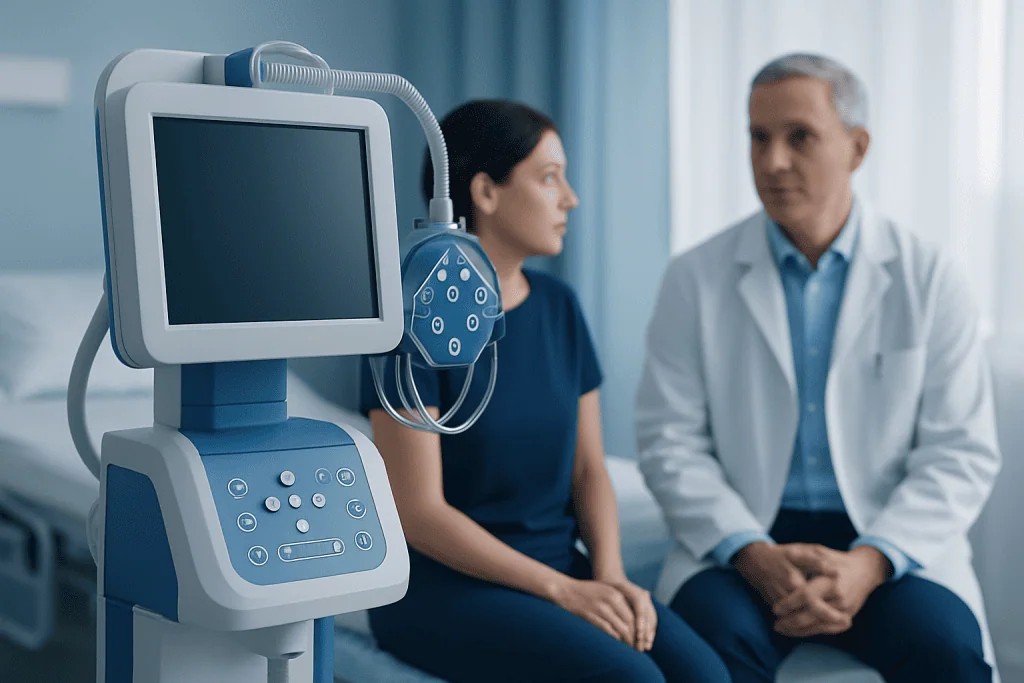 Medical consultation with a patient and doctor in a clinical setting.