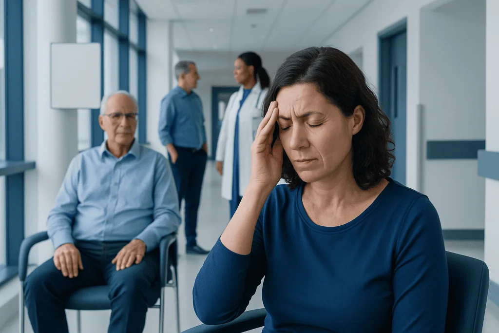 Perimenopause Headaches: Common Causes, Related Conditions, and When to See a Doctor 1 Woman with headache in hospital waiting area with doctors and patient.