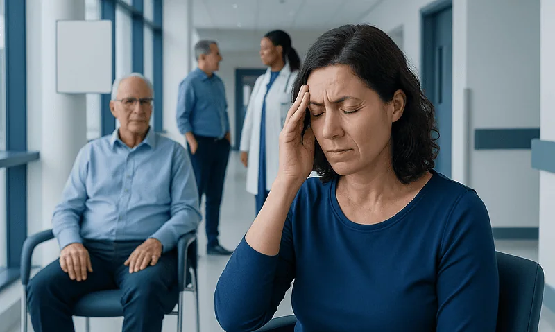 Woman with headache in hospital waiting area with doctors and patient.