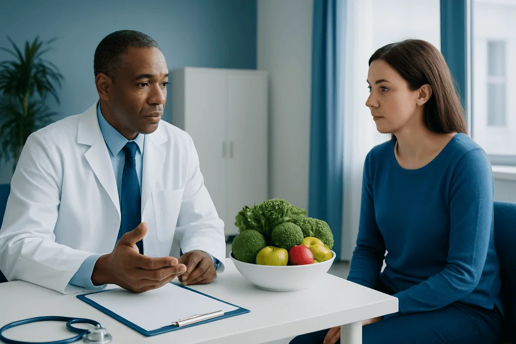 Doctor consulting with a patient about nutritional advice in a clinic setting.