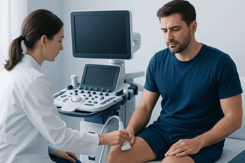 Doctor performing an ultrasound examination on a male patient.