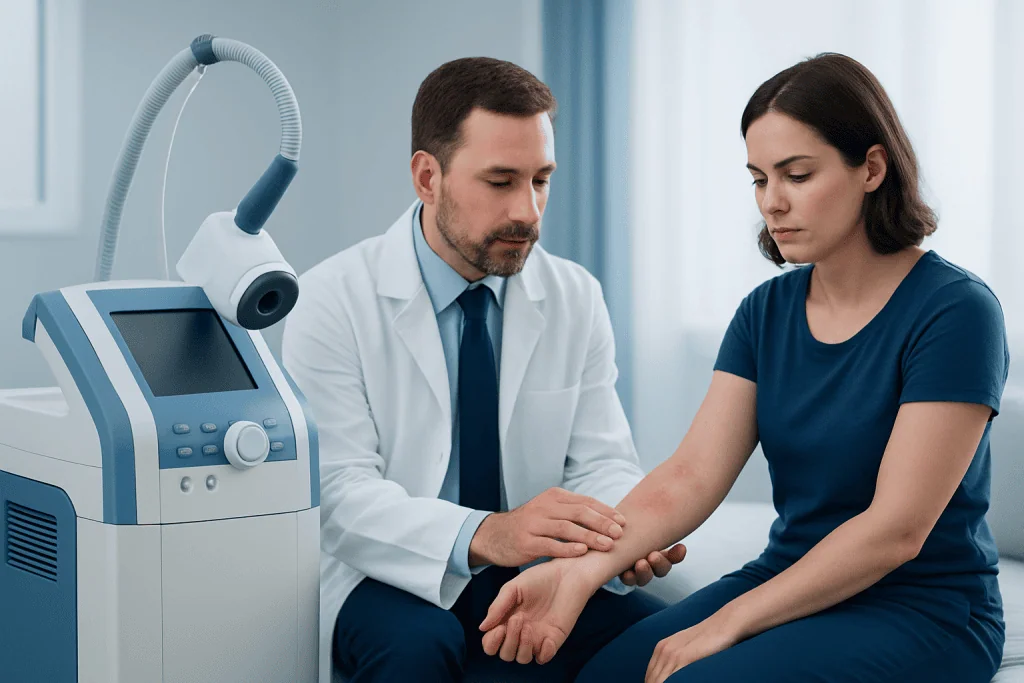 Doctor examining patient's skin with medical device in clinic.