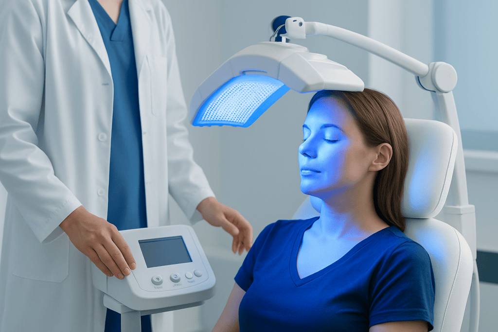 Patient undergoing blue light therapy for skin treatment at a hospital.