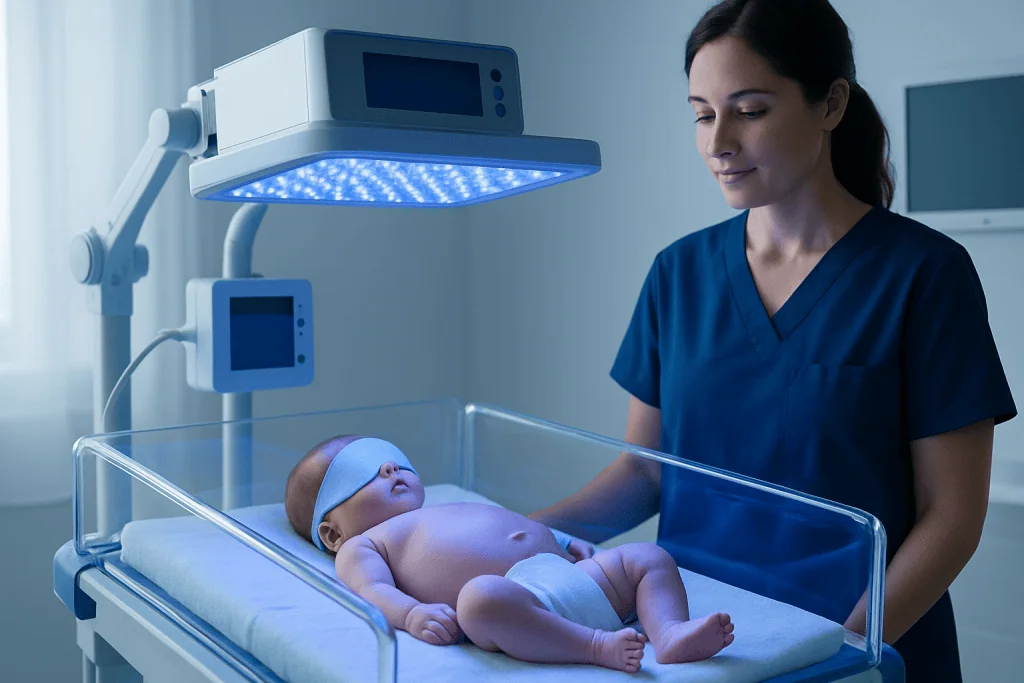 Newborn under blue light therapy for jaundice treatment in hospital.