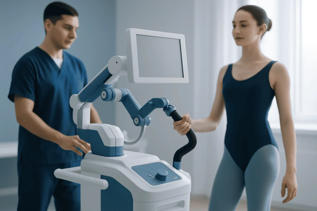 Physical therapy session with advanced robotic equipment at Acibadem Hospital.