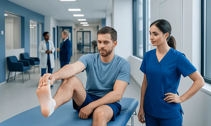 Physical Therapy Exercises for Planters Fasciitis: How It Works, Results and What to Expect 11 Physical therapy session at Acibadem Hospital with a therapist and patient.