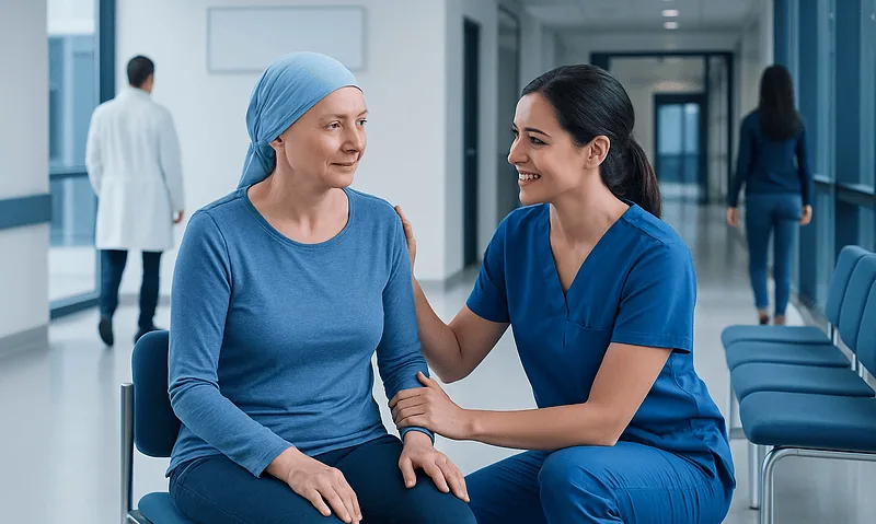 Healthcare professional comforting a cancer patient in hospital corridor.