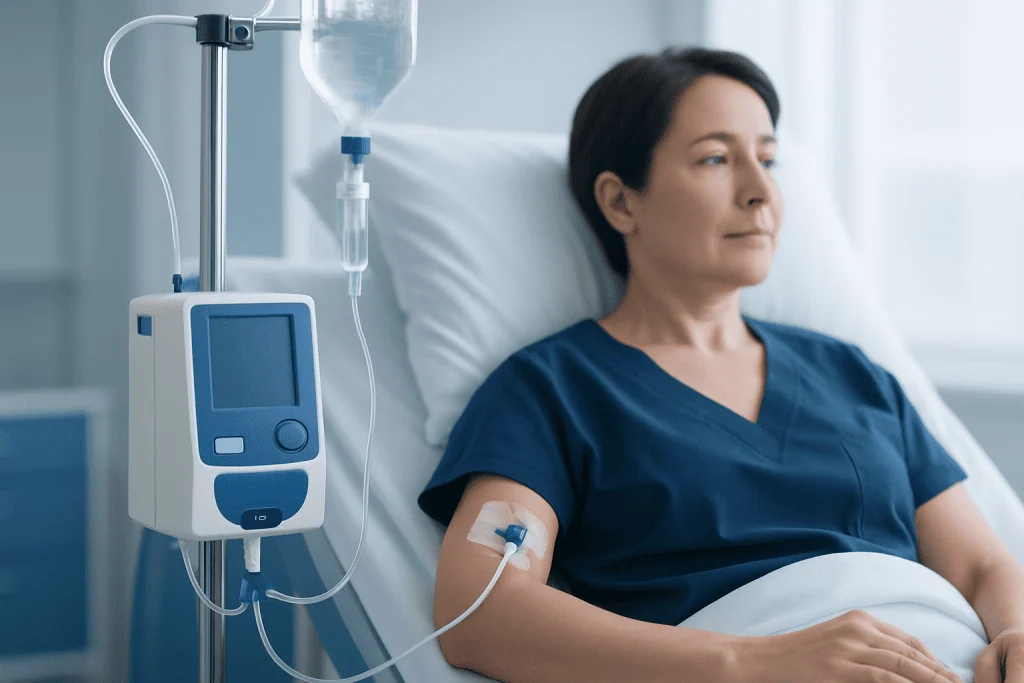 Patient receiving IV therapy with medical equipment in hospital room.