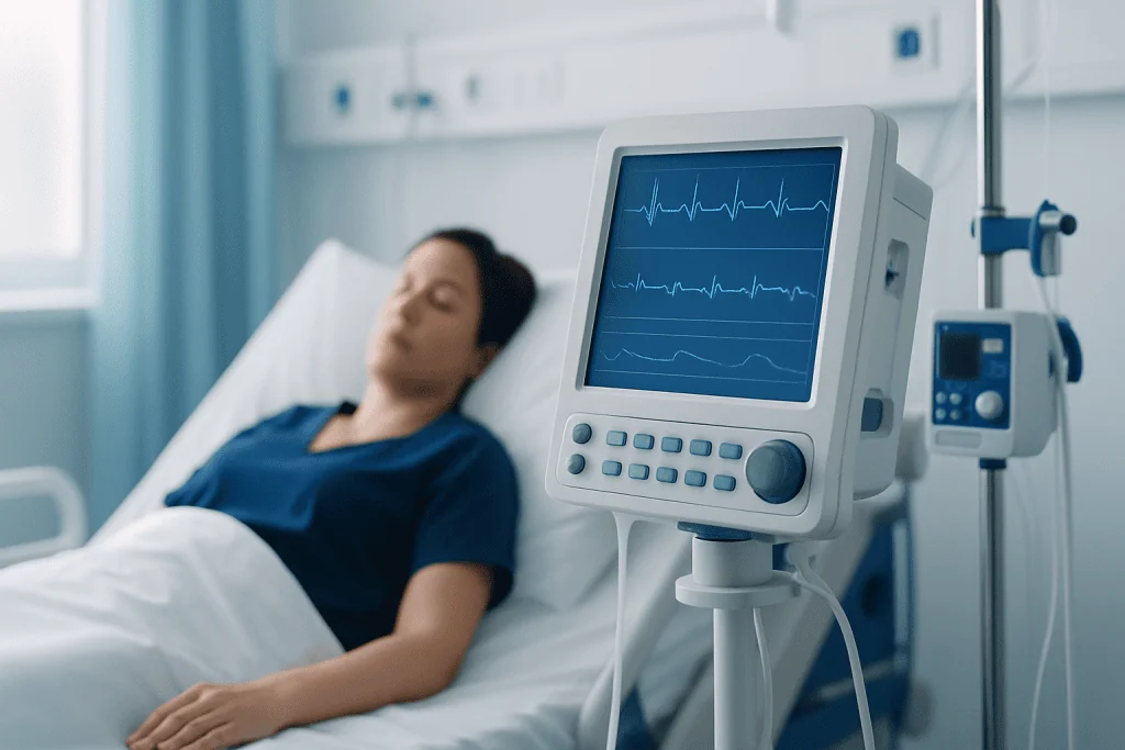 Patient in hospital bed connected to heart monitor.