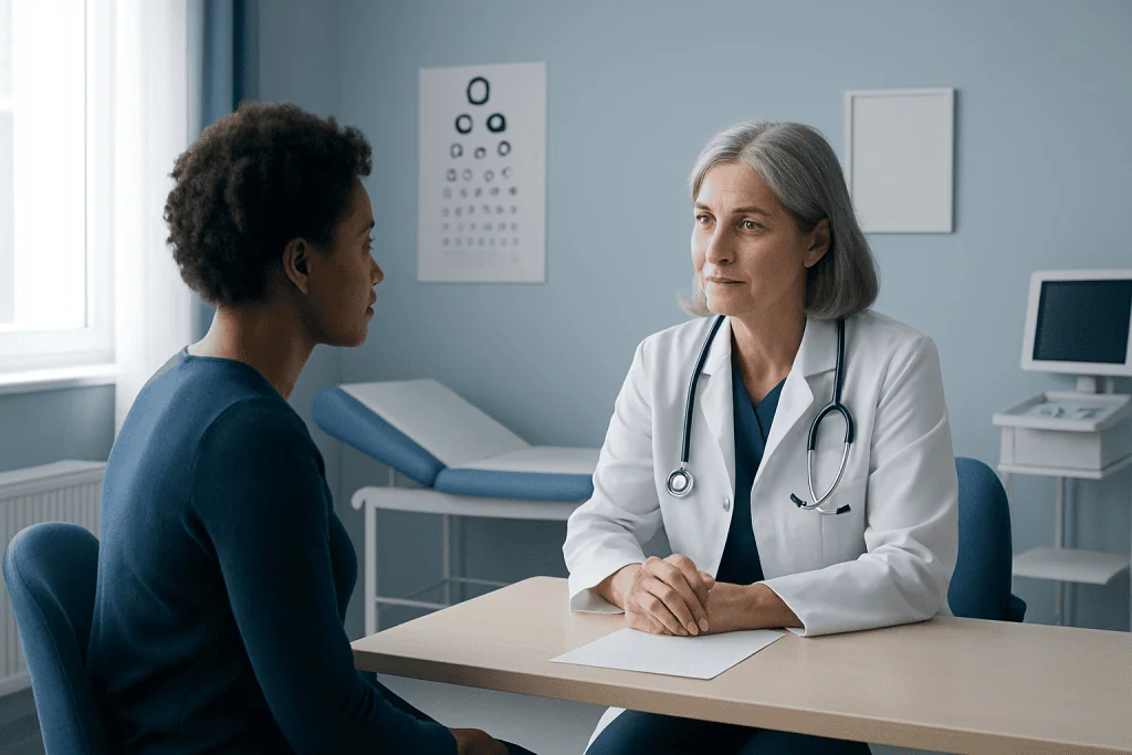 Doctor consulting with patient in a medical office setting.