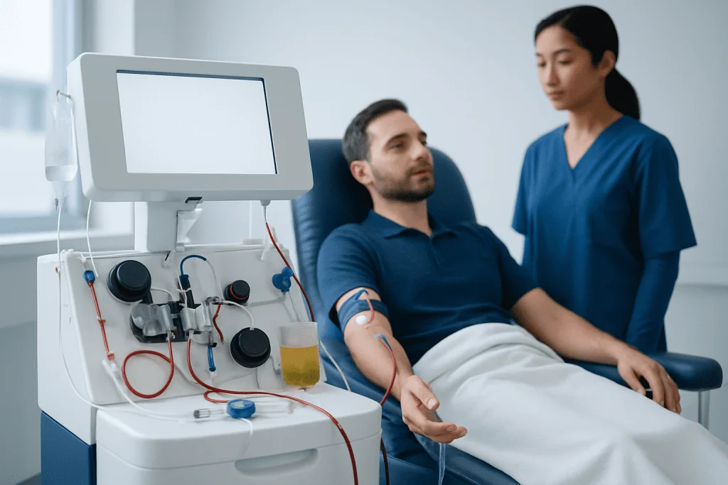 Patient undergoing plasmapheresis treatment in a hospital setting.