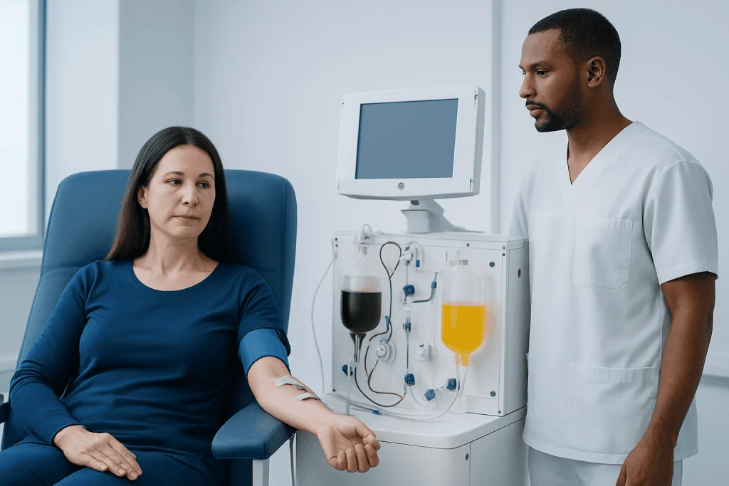 Patient undergoing plasma exchange therapy in a medical facility.