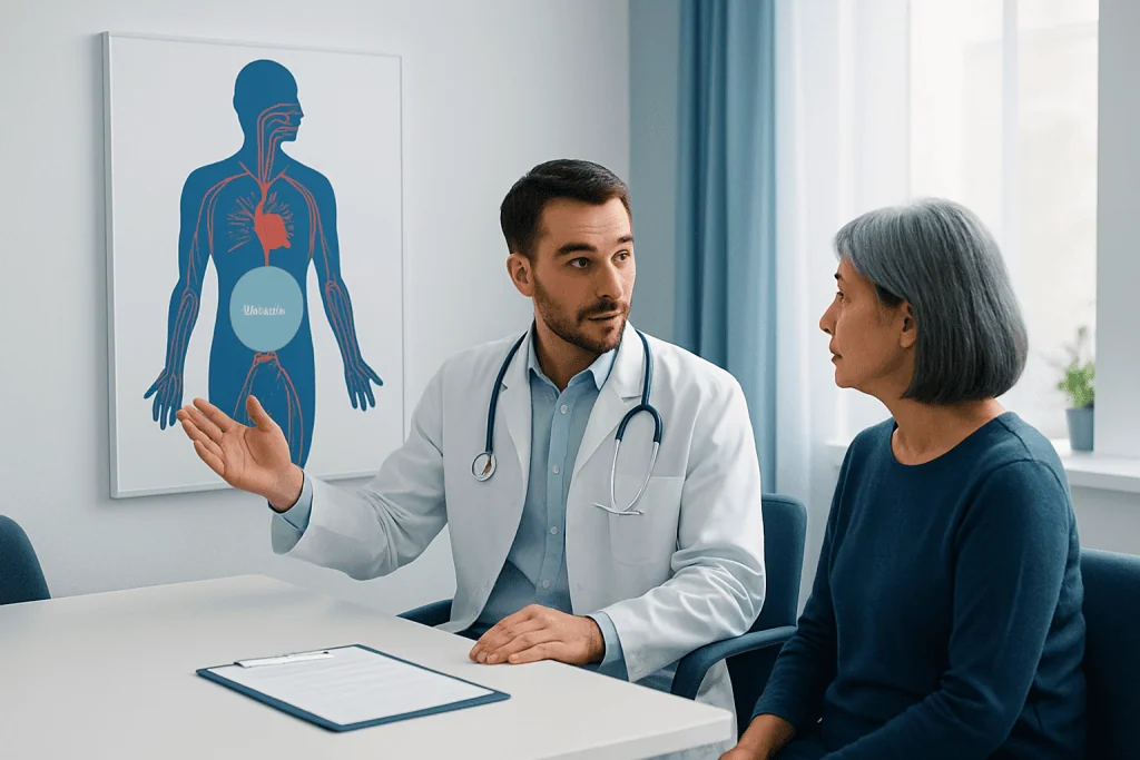 Doctor explaining blood plasma functions to a patient in a medical office.