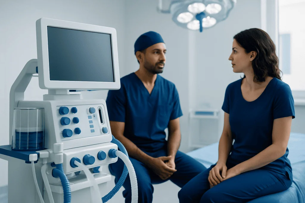 Doctor and patient discussing ultrasound in a medical clinic.