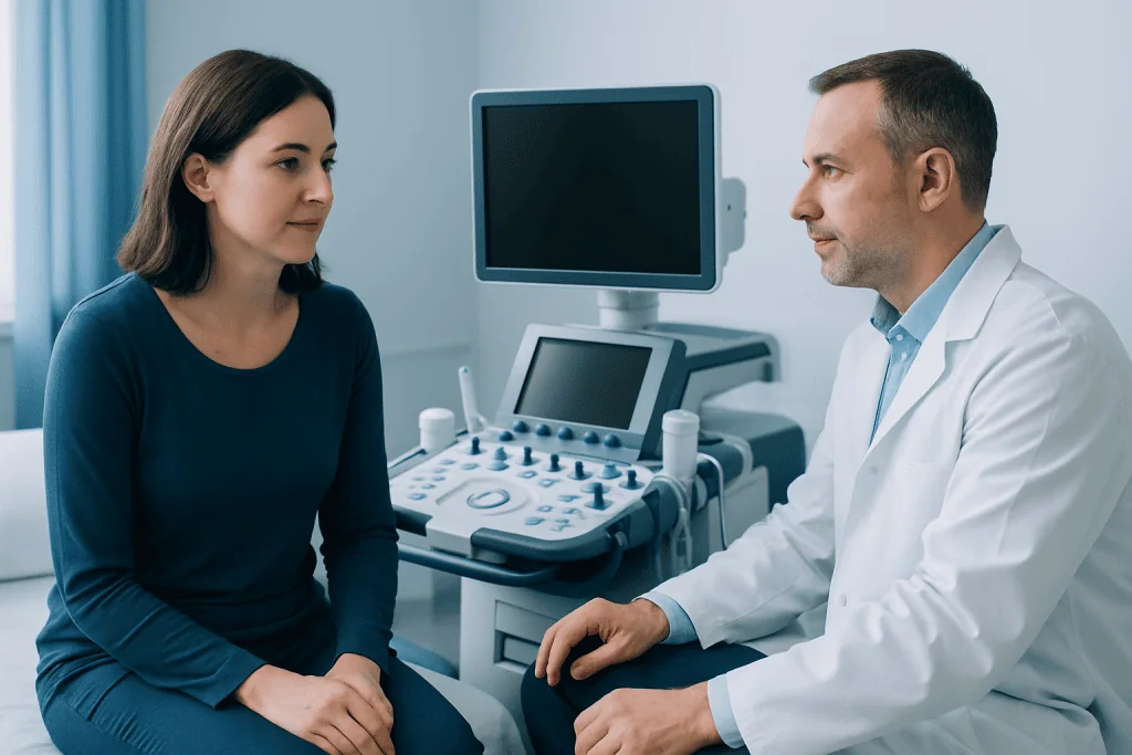 Doctor consulting with a patient in a medical examination room.