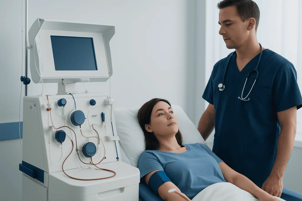 Medical professional monitoring a patient during a dialysis treatment at Acibadem Hospital.
