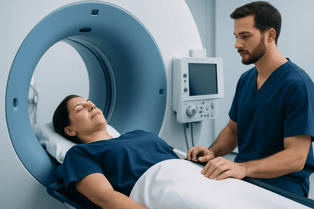 Patient undergoing a CT scan at Acibadem Hospital with medical staff present.