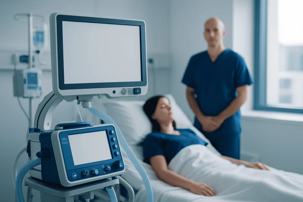 Hospital room with patient and medical equipment for respiratory support.