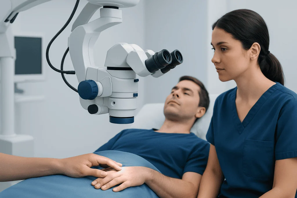 Surgeon performing a delicate procedure using a surgical microscope on a patient.