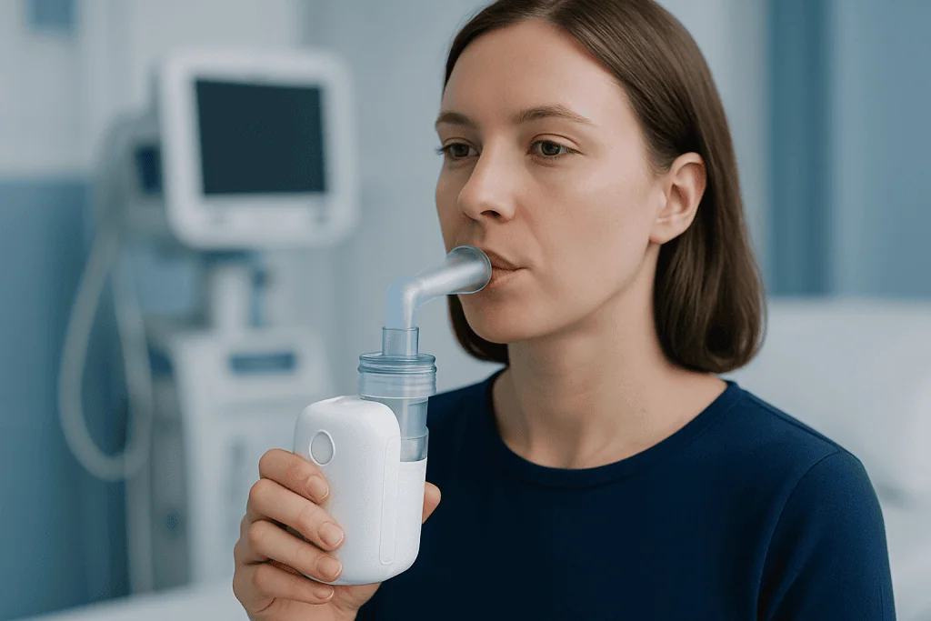 Woman using portable nebulizer machine for respiratory treatment.