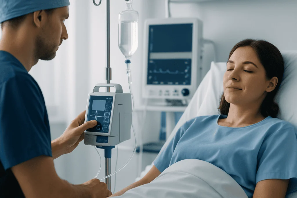 Patient receiving IV therapy in hospital setting at Acibadem Hospitals Group.