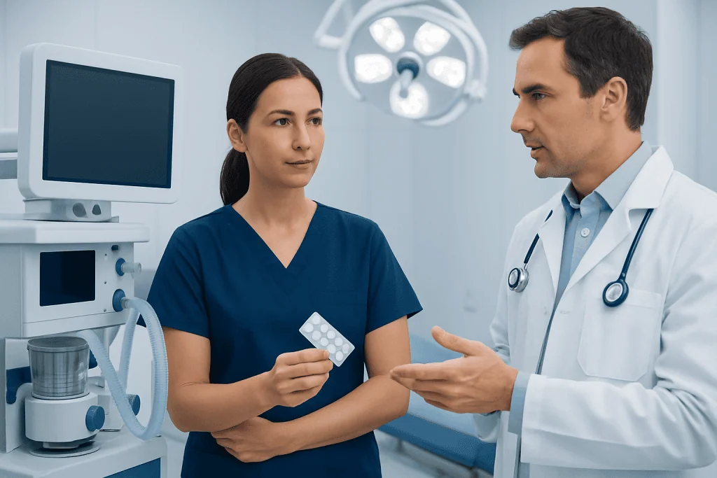 Doctor explaining medication to nurse in hospital operating room.
