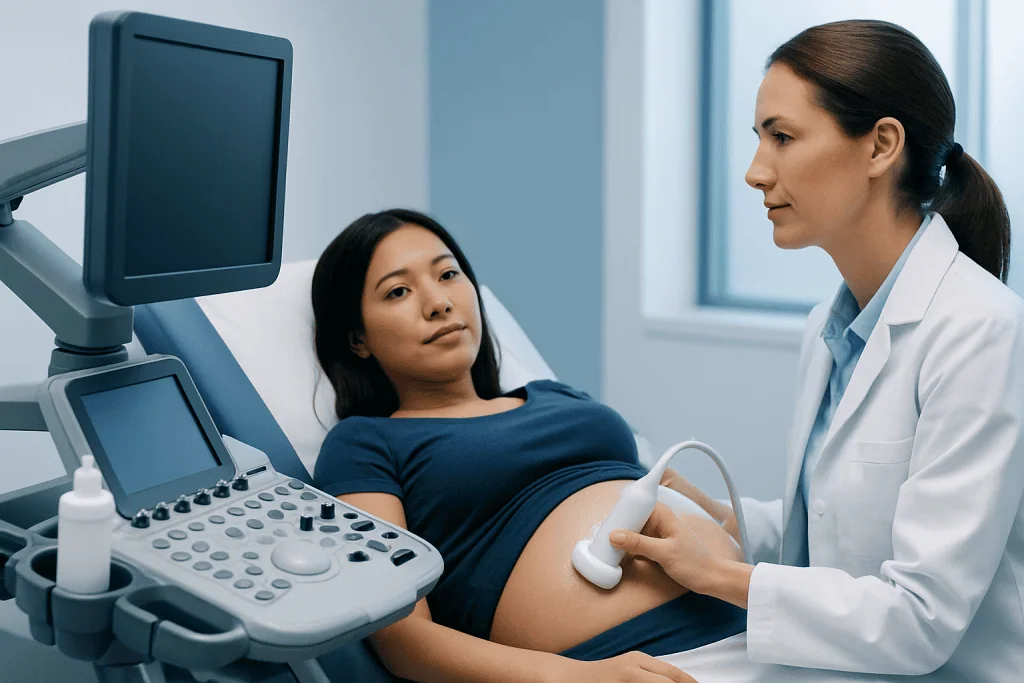 Doctor performing an ultrasound on pregnant woman in a hospital room.