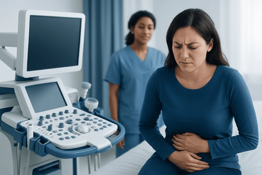 Woman experiencing abdominal pain during a medical ultrasound examination.