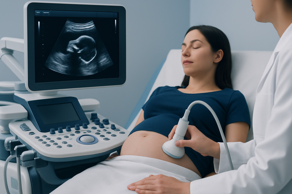 Pregnant woman undergoing ultrasound scan at Acibadem Hospital.