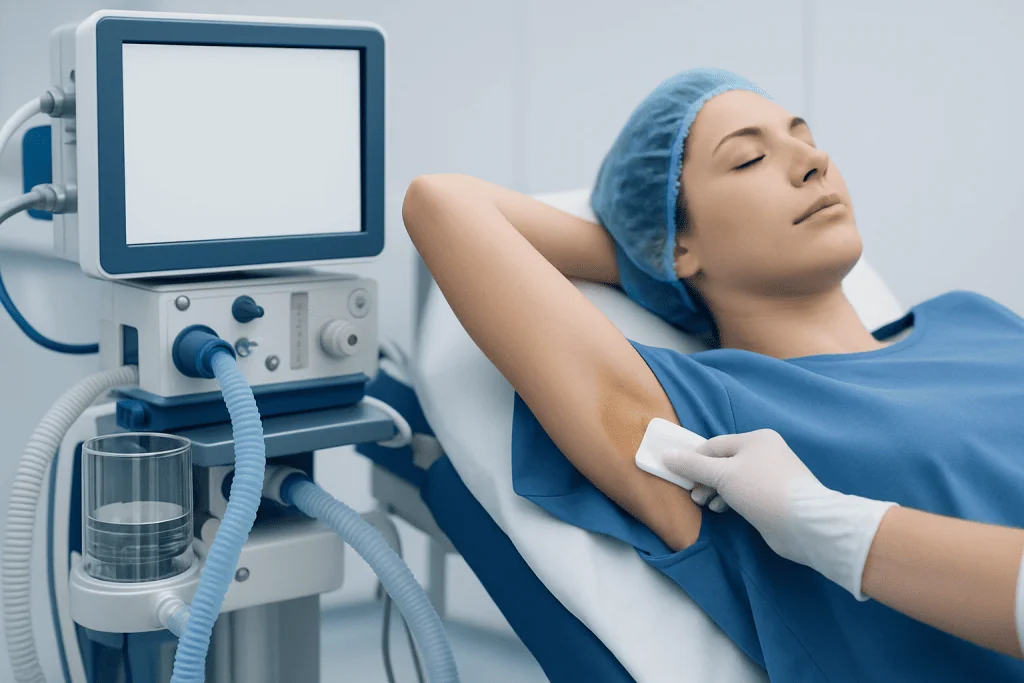 Patient preparing for surgery with medical staff monitoring her arm.