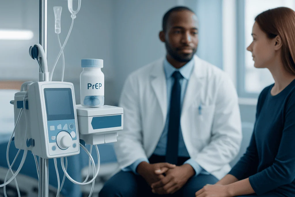 Doctor consulting patient in a medical clinic with prep treatment equipment nearby.
