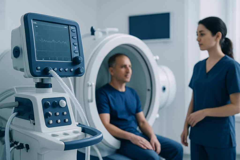 Patient undergoing MRI scan at Acibadem Hospital with medical staff present.