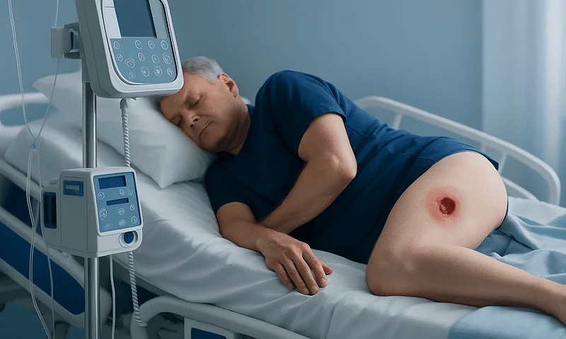 Patient with pressure ulcer in hospital bed receiving medical care.