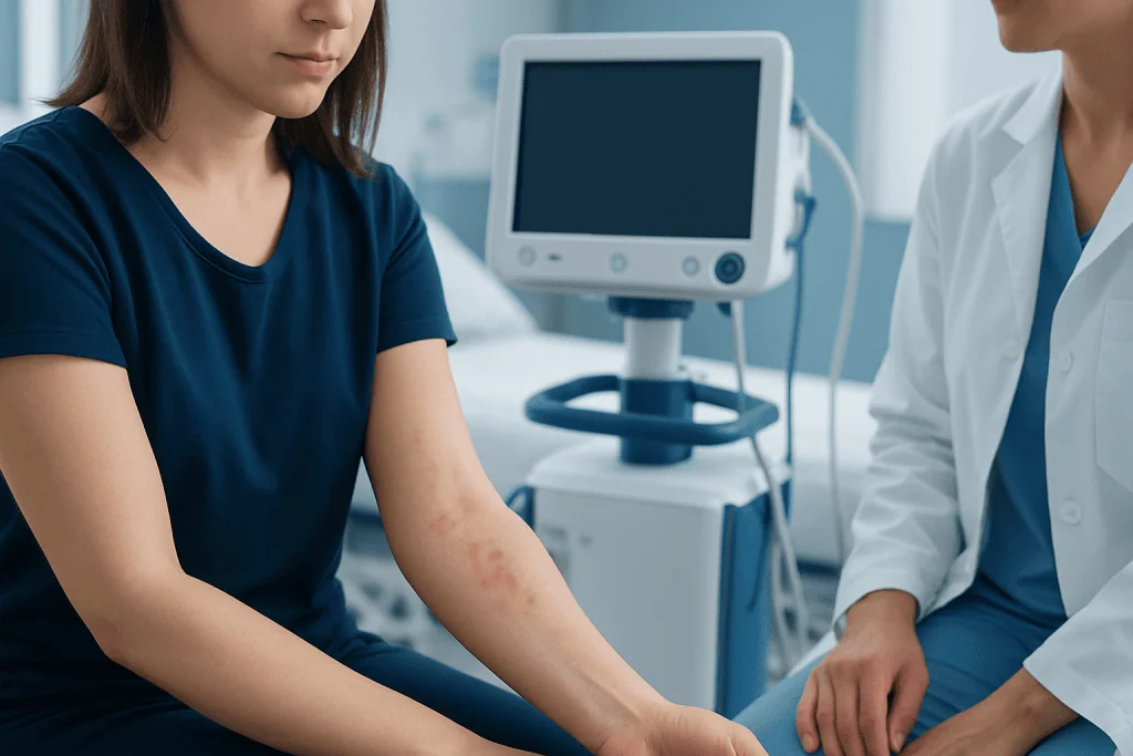 Patient with skin reaction being examined by doctor in hospital.