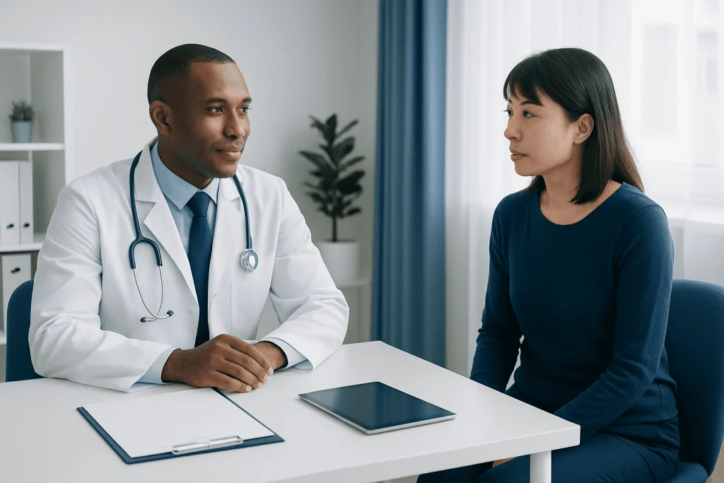 Doctor consulting with a female patient in a modern clinic setting.