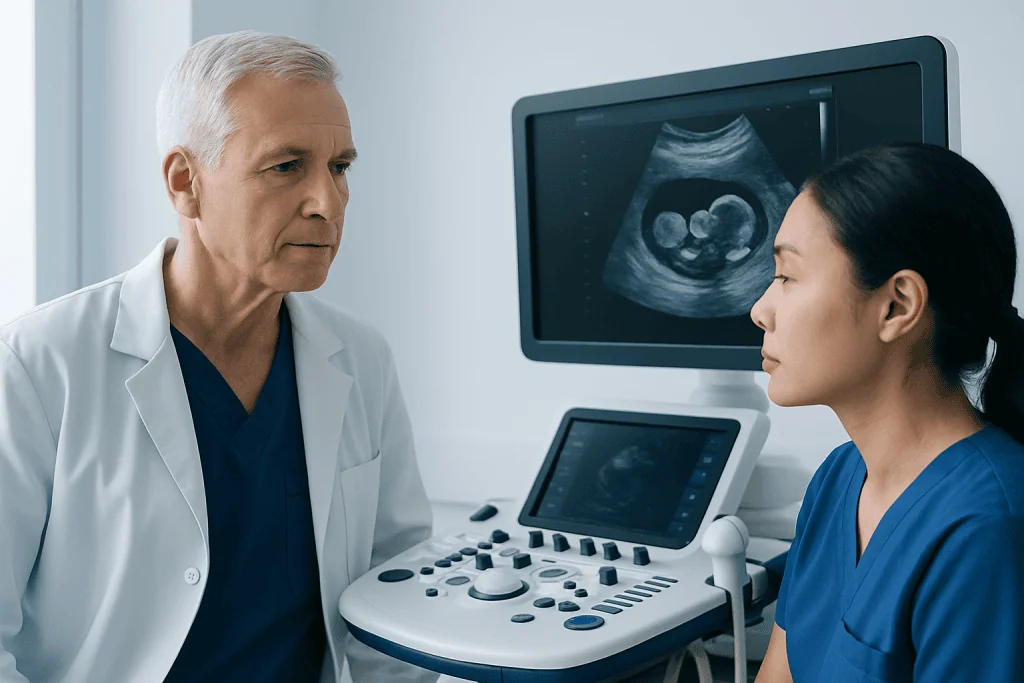 Doctor and nurse discussing ultrasound scan in a medical setting.