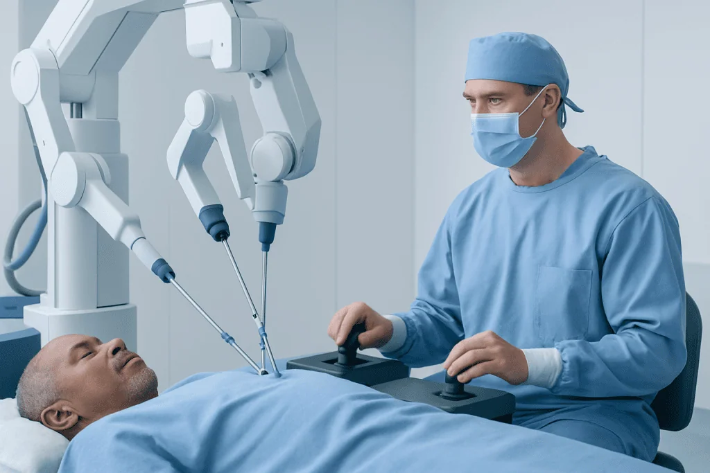Surgeon performing minimally invasive prostate surgery with robotic system.