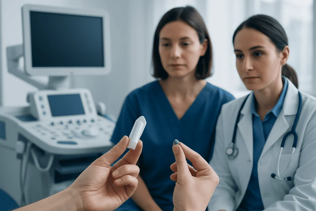 Medical professionals discussing a progesterone suppository in a clinical setting.