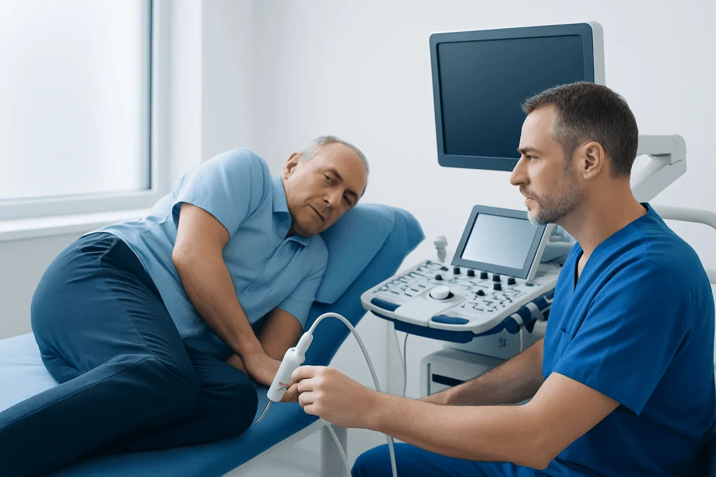 Urologist performs prostate ultrasound on patient in clinic.