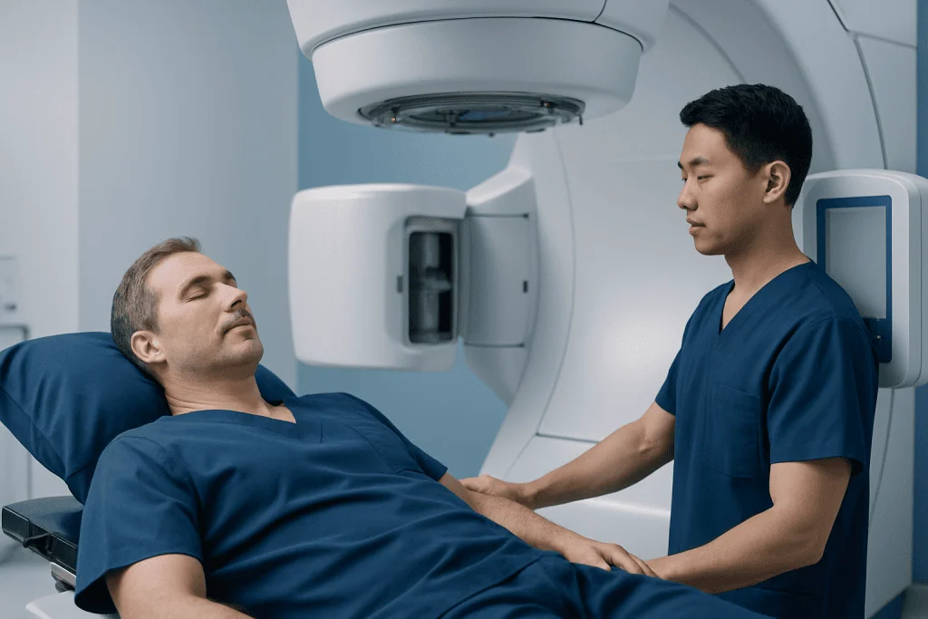 Patient undergoing MRI scan at Acibadem Hospital for prostate health assessment.